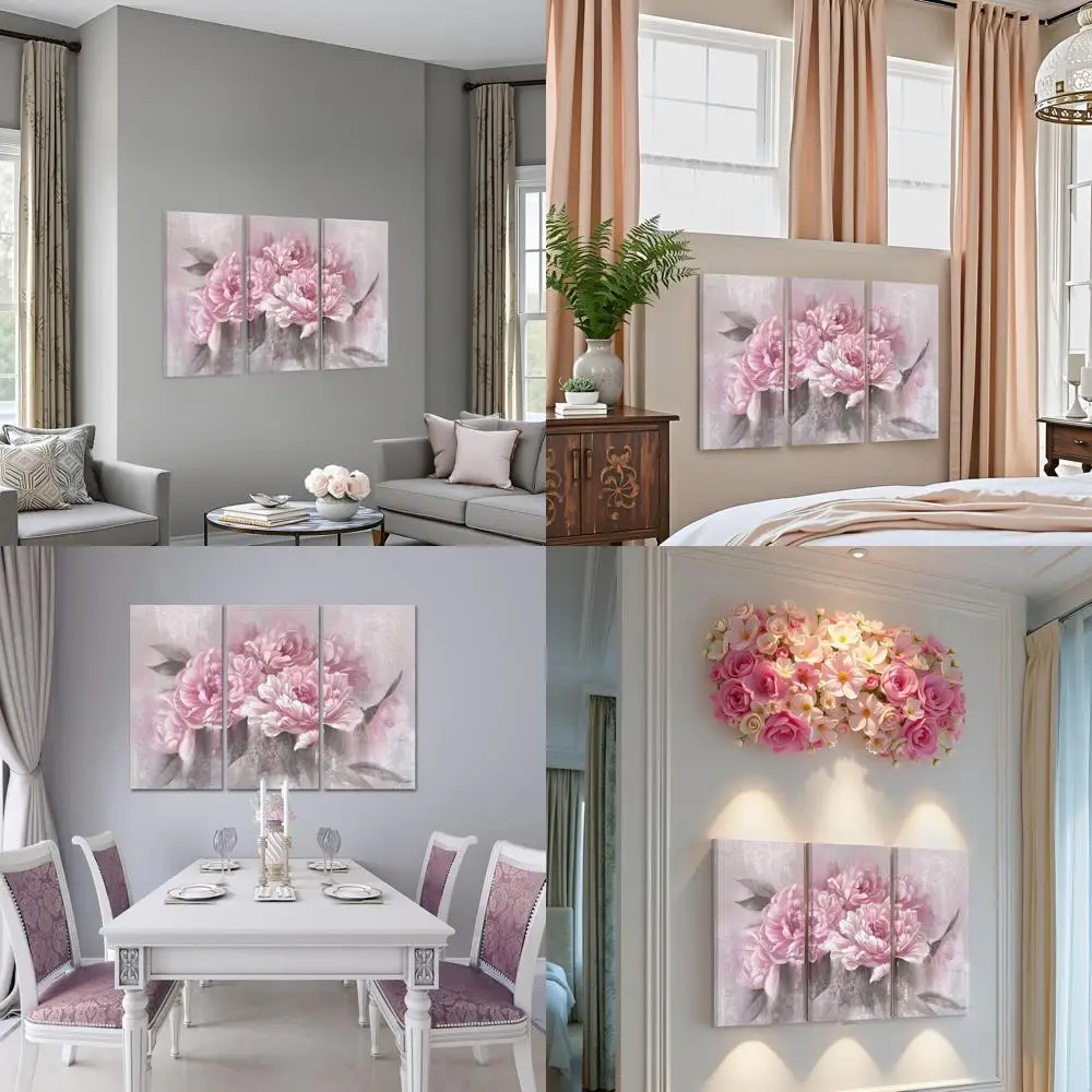 

Framed Pink Peony Flower Wall Art Set, 3-Piece Vintage Blossom Canvas for Living Room & Girl's Bedroom Decor, 16x32 Inches Each