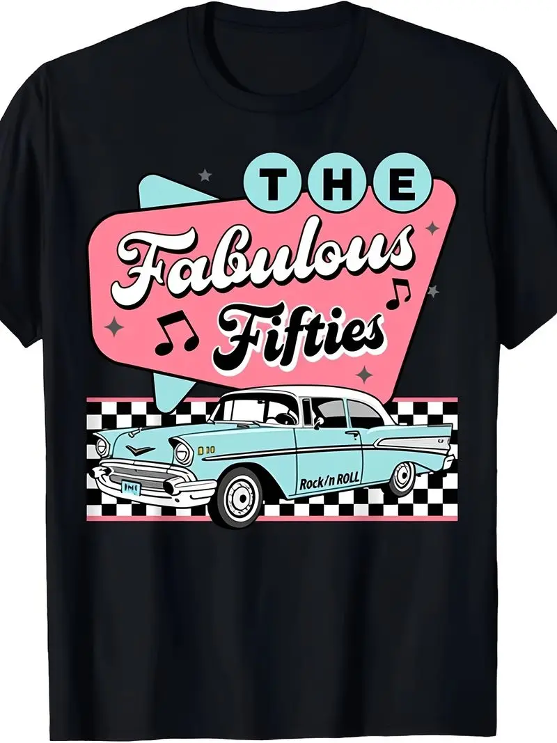 Vintage 1950S Retro T-Shirt Soft Breathable Pure 50S Classic Car Music Notes Print Tee Unisex Crewneck Short Sleeve Party Outfit