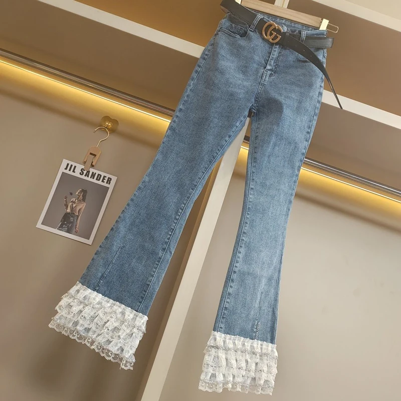 New Chinese style lace denim micro flared pants women autumn high waisted slim fit elastic and age reducing flared pants
