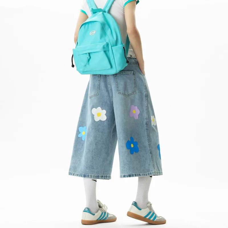 Summer Flower Jeans Men Fashion Casual Embroidered Jeans Men Streetwear Loose Hip-hop Wide Leg Jeans Man Cropped Trousers