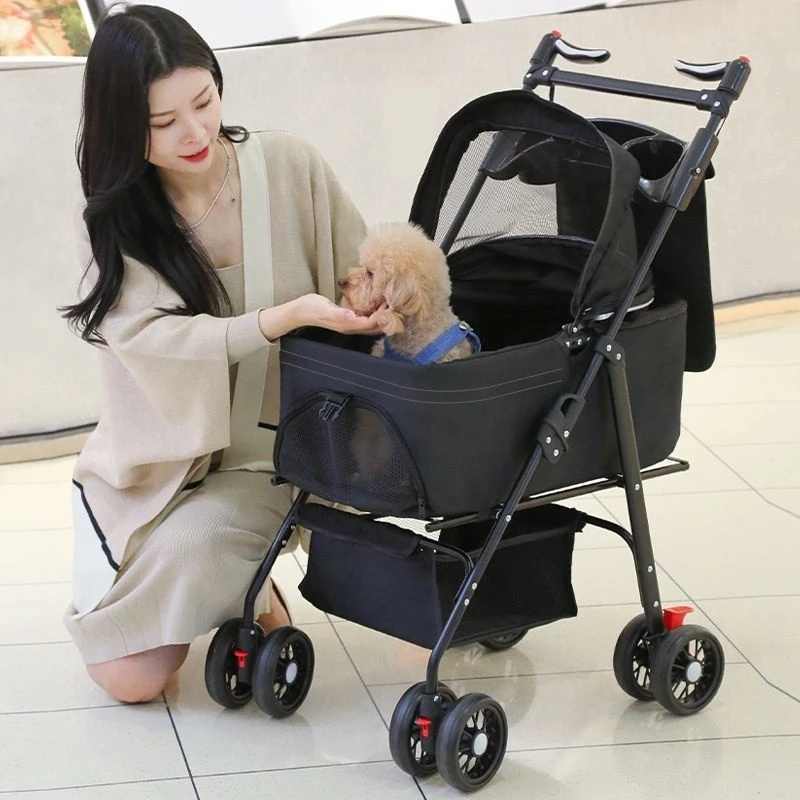 Portable Folding Pet Stroller Dog Cat Carrier Cart for Small Medium Pets, Detachable Multifunctional Outdoor Travel Handbag