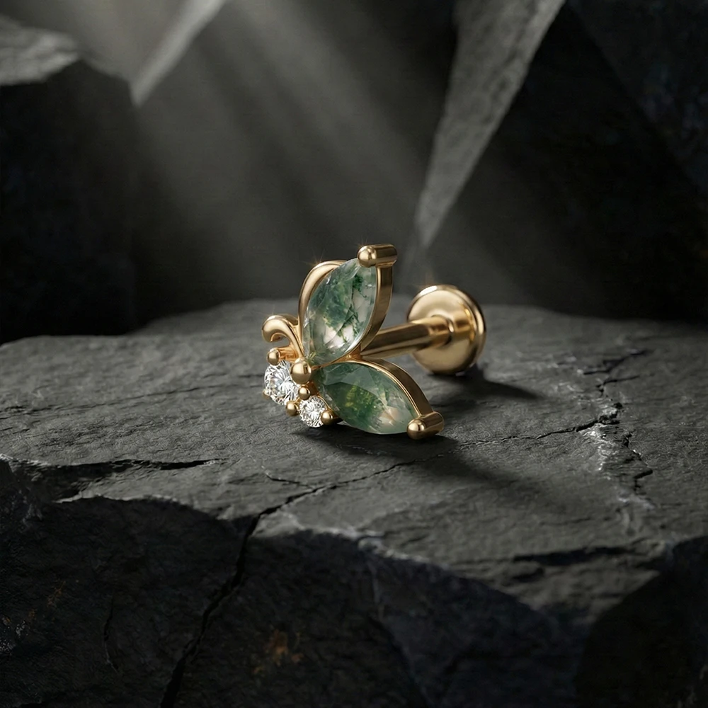 CANNER 14K Solid Gold Geometric Moss Agate Piercing Flat Back Earrings For Women Heart/Star MoonStone Dainty Luxury Party Gifts