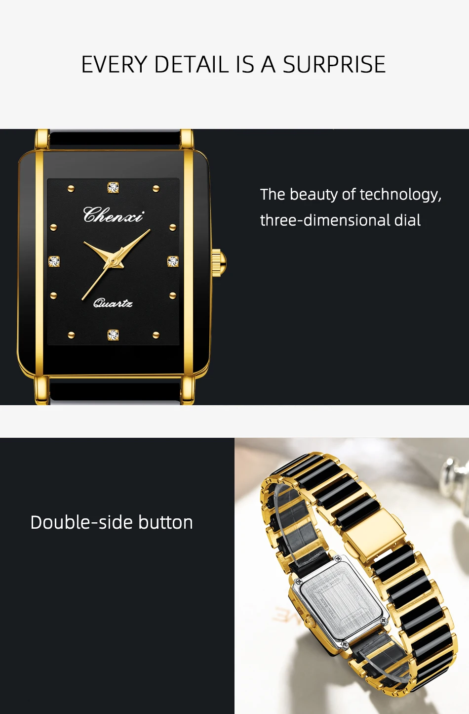 CHENXI 104A Couple's Quartz Watch Gold Black and White Ceramic Luxury Watch Men's and Women's Valentine's Day Gift Watch Reloj