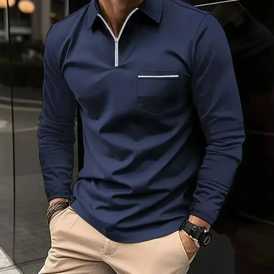 Men's Long-Sleeved Polo Shirt Casual Comfort Solid Color Zipper Patchwork Pocket Design Waffle Check Sports Fashion Spring Fall
