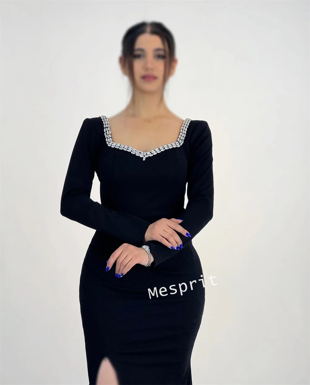 Maillot personnalisé manches longues Chic col carré sirène noir robes longues sur mesure Occasion robe de soirée formelle fête élégante