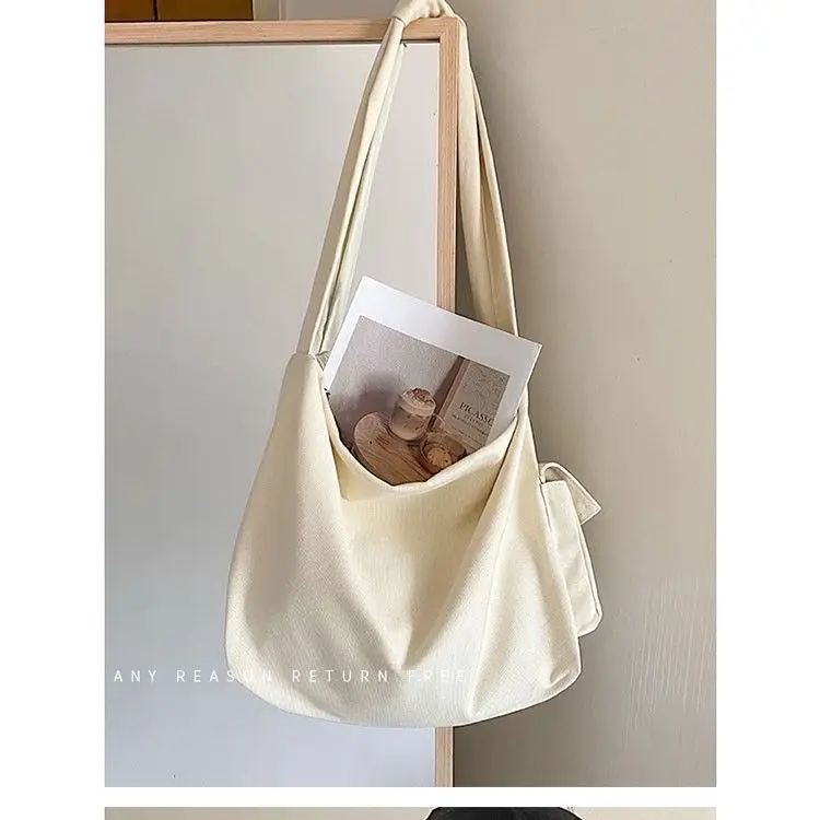 Canvas Bag Women Solid Simple Casual Zipper SOFT Outer Pocket Shoulder Bag Handbag High-Capacity Tote Bag Shopping Bag