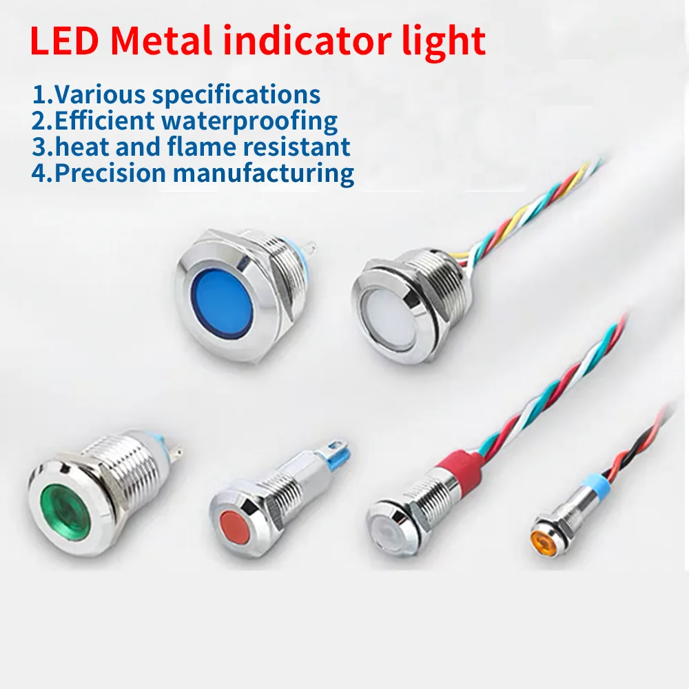 Luz indicadora de metal LED, lâmpada de sinal impermeável, fios conectar, latão, níquel, verde, vermelho, azul, 3-6V, 12-24V, 6mm