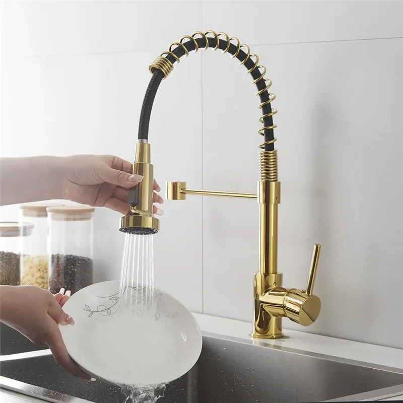 Brushed Gold Spring Kitchen Faucet Grey Brass Crane For Kitchen Deck Mounted  Water Sink Tap Sink Faucet Mixer Kitchen Faucet