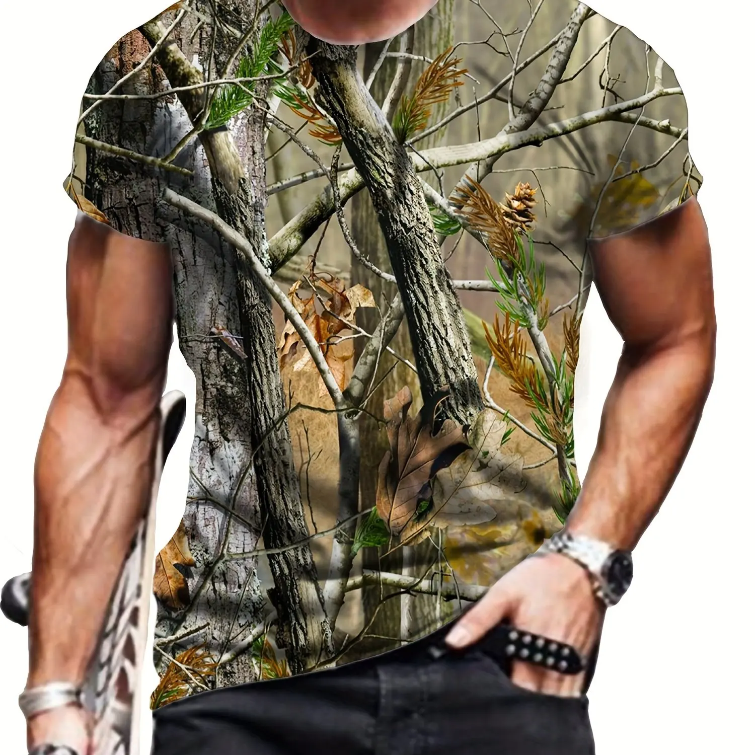 Men's 3D Camouflage Leaves Pattern Print T-Shirt, Plus Size Short Sleeve Crew Neck Tee