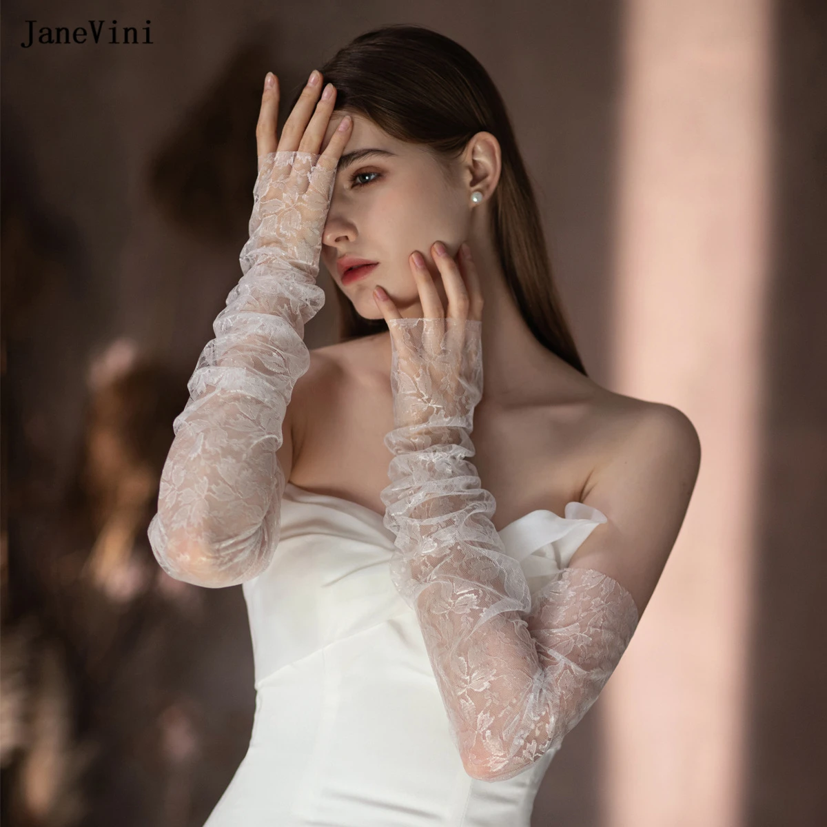 JaneVini 2024 Elegant Ivory Bridal Gloves Fingerless 55cm Long Lace Hollow Tulle Gloves Women\'s Wedding Dress Party Accessories