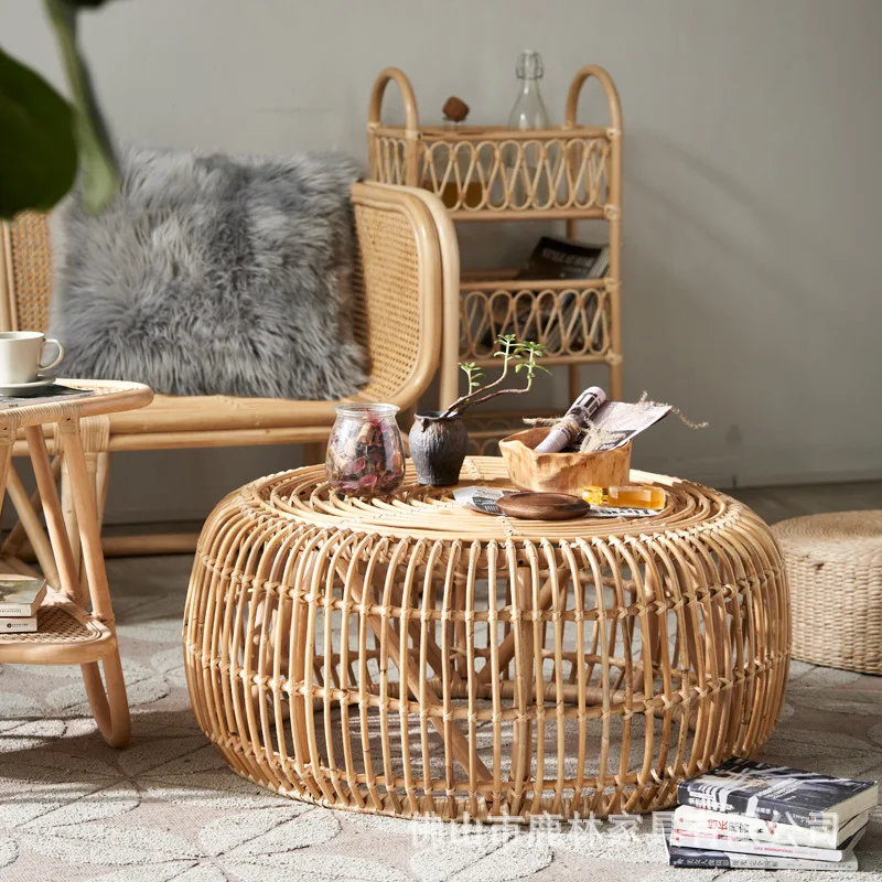 Japanese-Style All-Rattan Tatami Round Coffee Table Set – Minimalist Modern Living Room Home Side Table