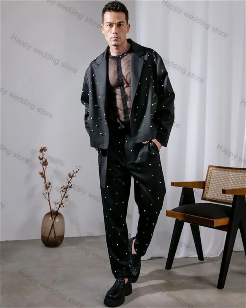 Cotton Pearls Men Pant Suit Set smoking da sposa da lavoro tappeto rosso Prom Party Coat Suits Outfit (giacca + pantaloni) su misura