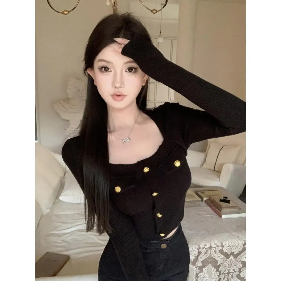 كنزة نسائية قصيرة بياقة مربعة للخريف والشتاء، قميص قصير أنيق للارتداء الداخلي، سترة نسائية بأكمام طويلة بتصميم أنيق ومناسب للعمل #3