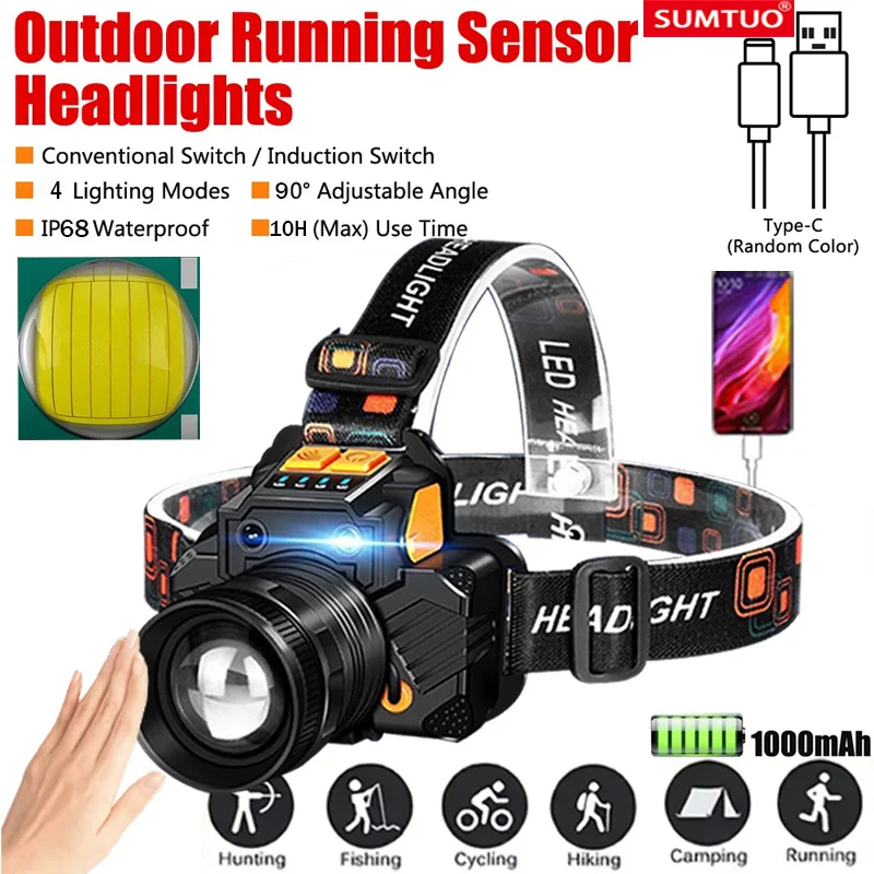 

Super Bright Led Headlamp Fishing Headlight Portable Flashlight Zoom Sensor Rechargeable Outdoor Waterproof Camping Hunting 20w