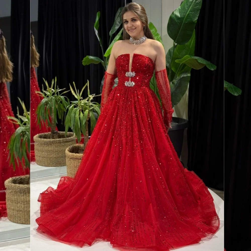 

Customized High Quality Organza Sequined Pleat A-line Strapless Long Dresses Bespoke Occasion Fashion Sparkle