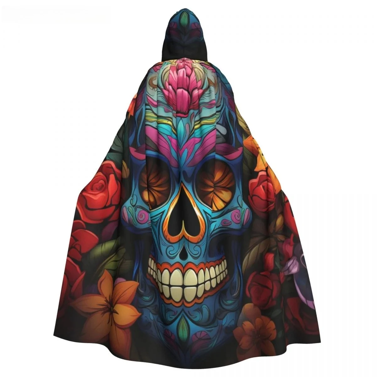 Día de los muertos estampado de calavera de azúcar Unisex fiesta de bruja Reversible con capucha capa de vampiros para adultos mantener caliente resistente al agua