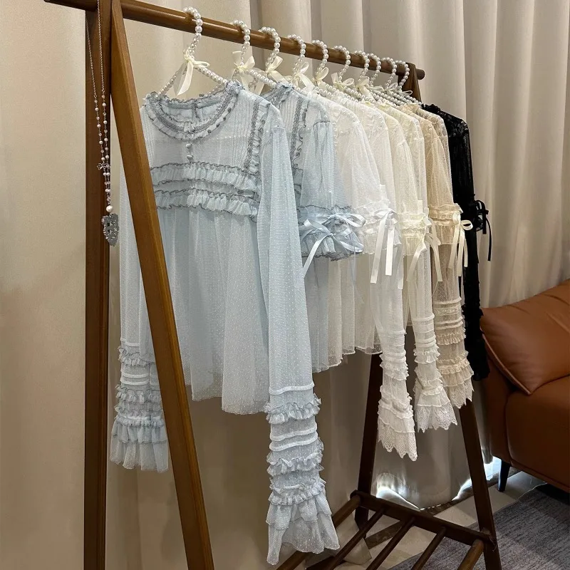 

Autumn Summer Fairycore Sweet See Through Candy Lolita Long Sleeve Shirt Tops O Neck Ruffle Solid Kawaii Basic Tshirt for Women