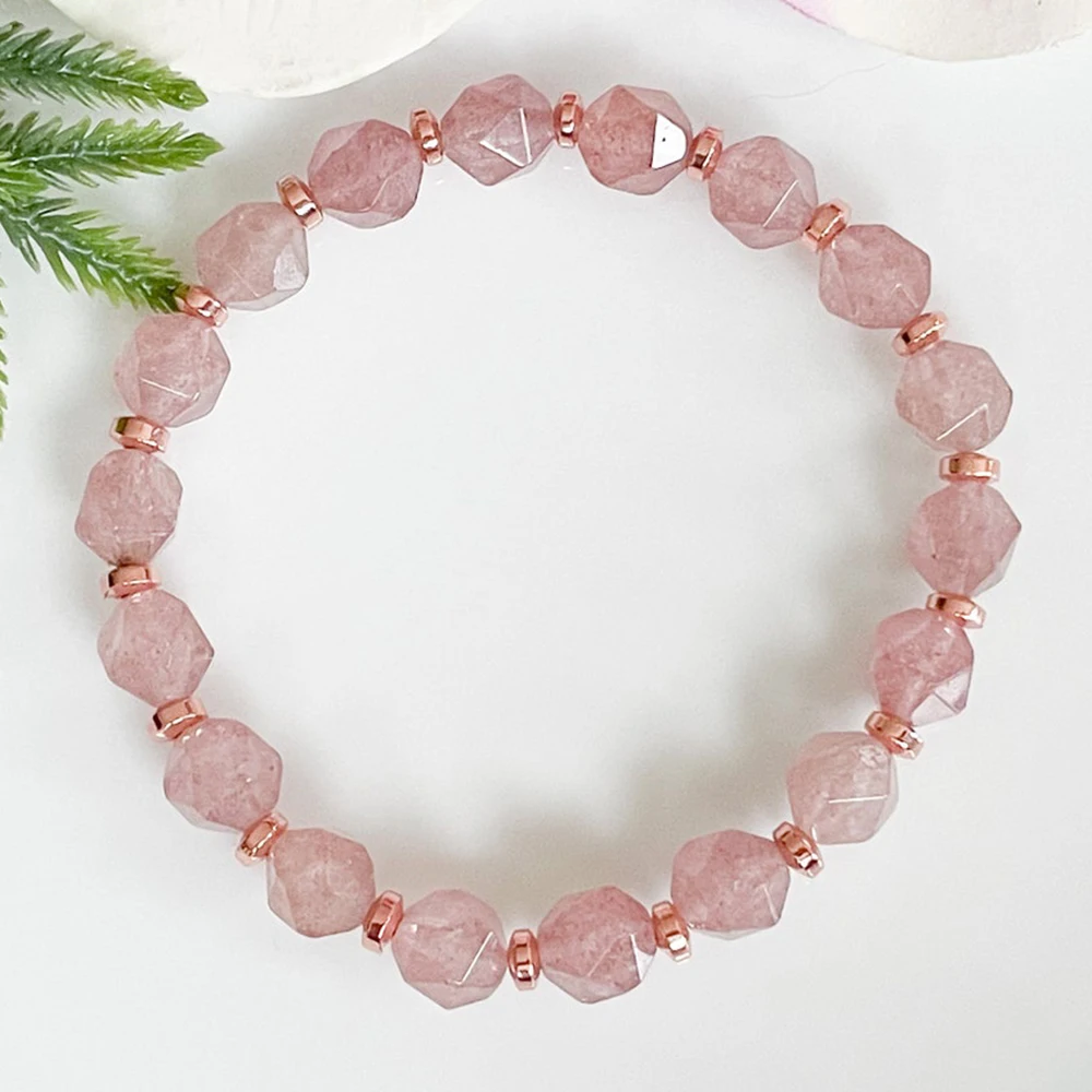 MG1508 New Design Cutted Strawberry Quartz Bracelet Pink Quartz Healing Crystals Bracelet Women`s Heart Chakra Love Bracelet