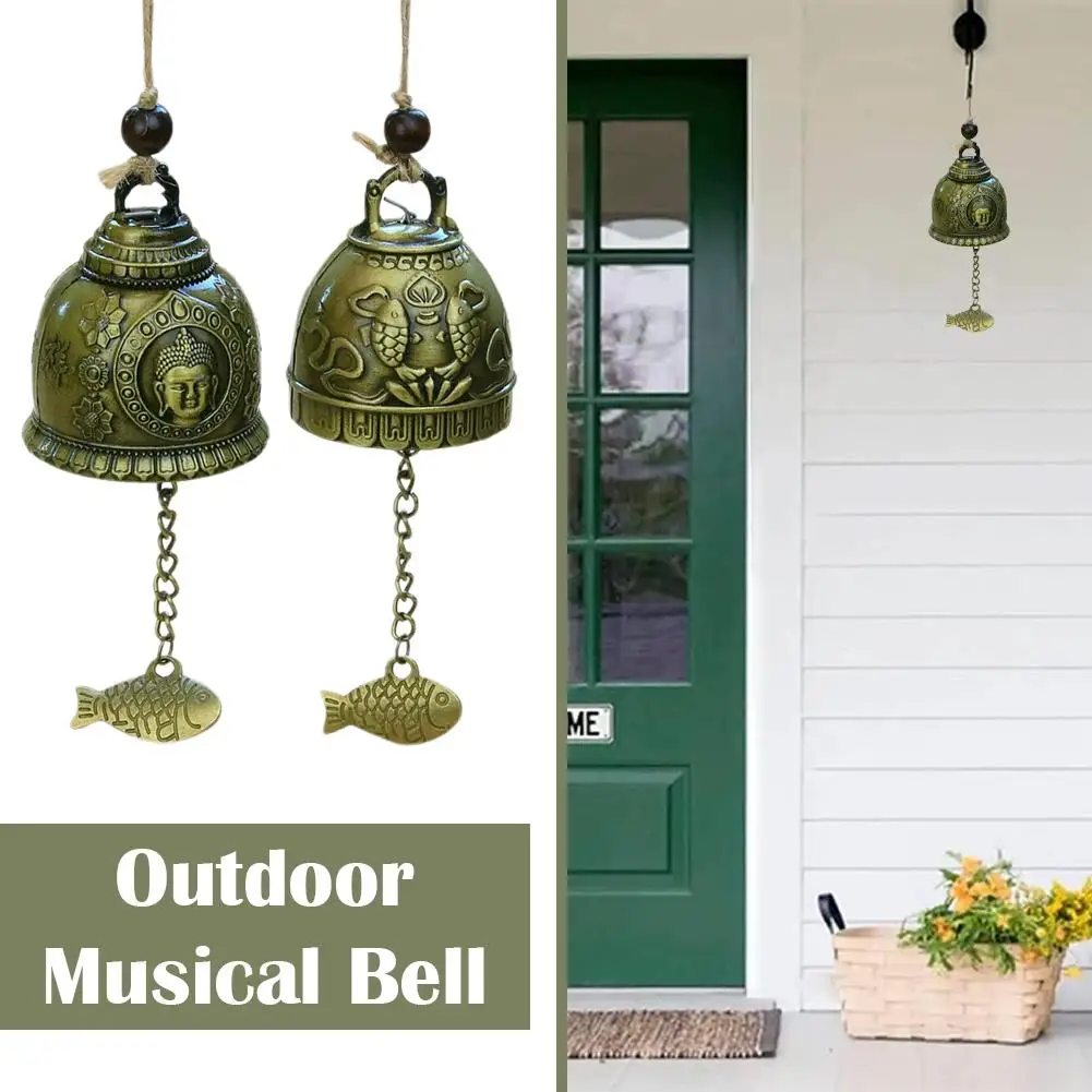 Handmade Metal Wind Chime Rustic Iron Bell with Decorative Chain Antique Outdoor Garden Decor Weatherproof Wall Hanging Ornament