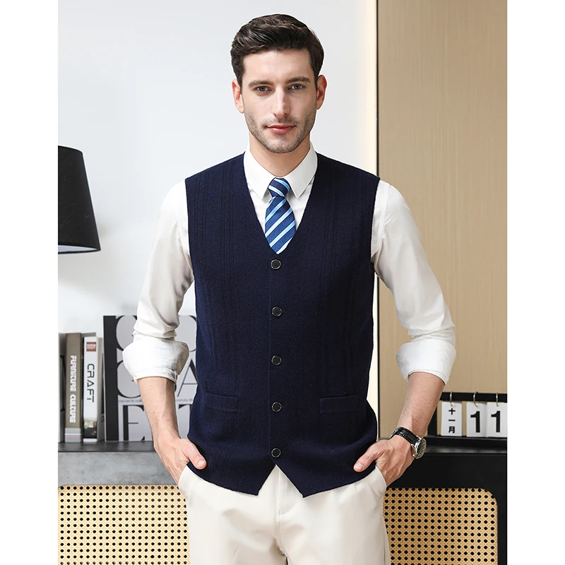 100% Sheep Wool Cardigan Vest 2024 Autumn & Winter Casual Single Breasted Sleeveless Sweater Pure Wool Thick Male Knit Vest