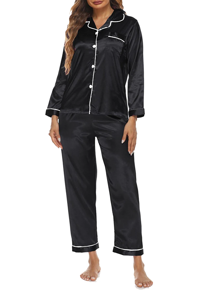 

Elegant 2 Piece Silk Pajama Set with Lace Trimmed Long Sleeve Top and Elastic Waist Pants for Luxurious Loungewear and Nightwear