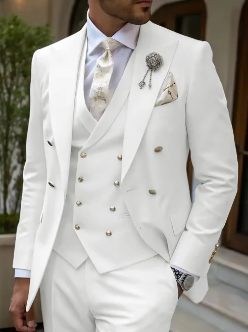 

Men's 3-Piece Tuxedo Suit Set High-Quality GoldenButton Blazer Vest And Pants Wedding Business Gentleman's Suit