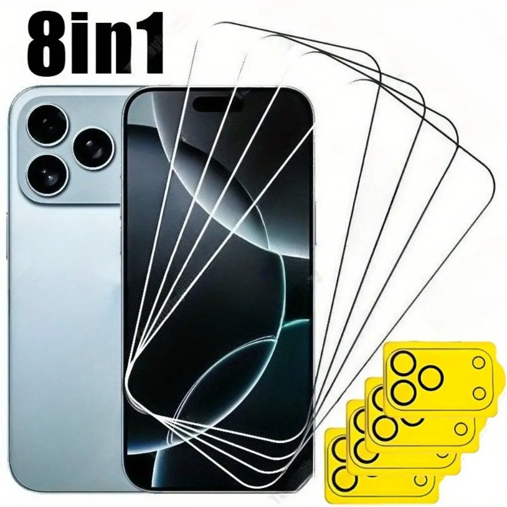 

8-in-1 Ultra HD Full Screen Protector for iPhone 17 16 15 14 Pro Max 15 14 Plus 13 12 11 Pro 16e 17 Air With Camera Lens Glass