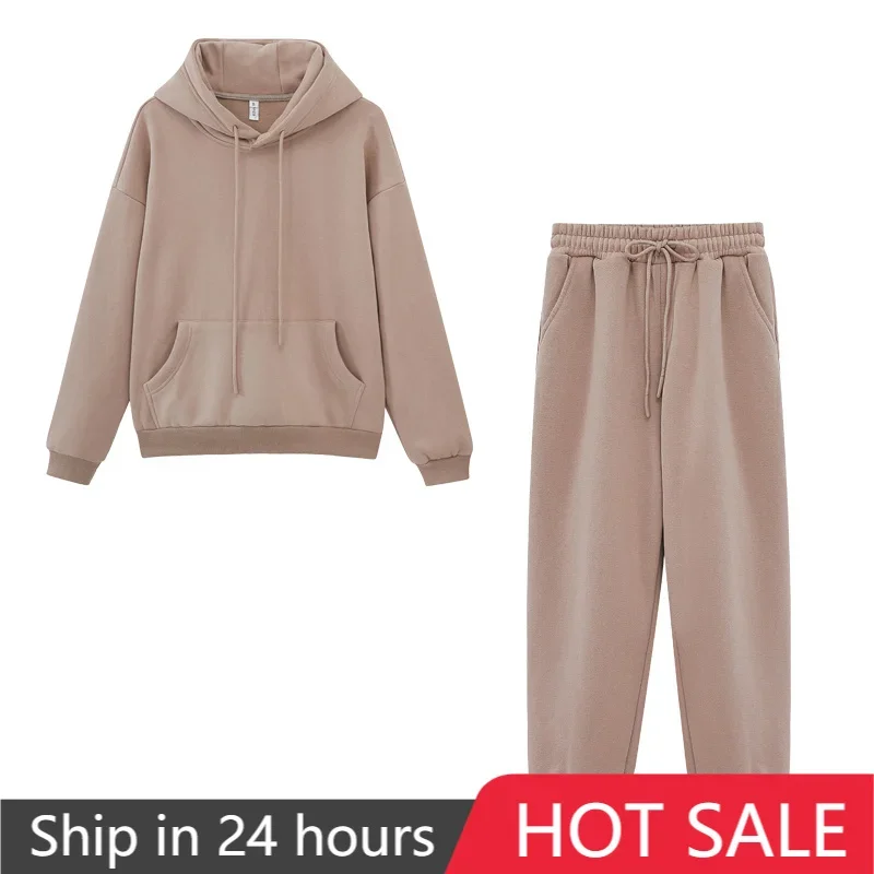 2020 Autumn Winter Fleece Hoodies Two Piece Set Womens Tracksuits Jogger Pants Thick Warm Clothes Womens Solid Color Jacket Suit