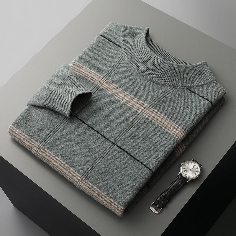 Strip Horizontal sweater kasmir wol Merino pria, Atasan kemeja rajut setengah turtleneck pullover bawah hangat musim gugur/musim dingin baru 100%