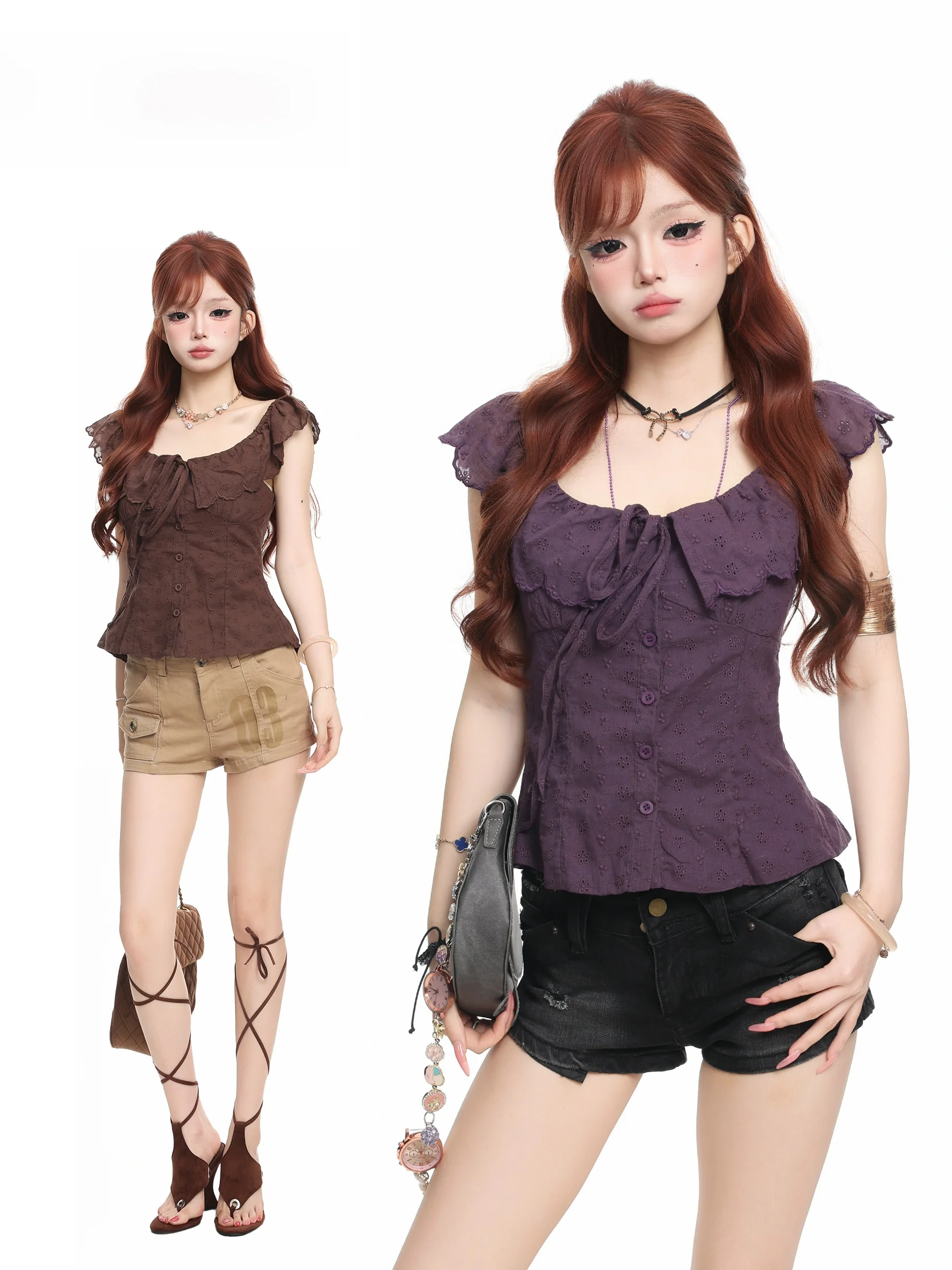 BASTERDS American Style Hot Girl Lace Trim Shirt Waist Cinched T-Shirt Women Summer Hollow out Slim Fit Short Sleeve Top