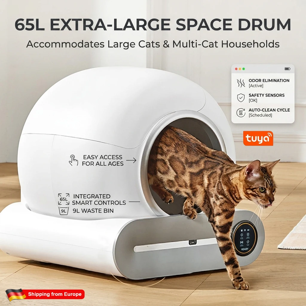 Intelligente Katzentoilette Vollautomatisch 65L Große Kapazität Halbgeschlossene Katzentoilette mit APP-Fernsteuerung und Reinigungsfunktion