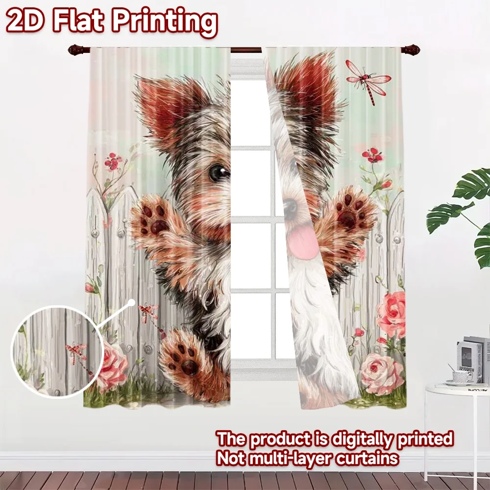 2D flat 2pcs Curtain Home Short Curtains Cute Puppy with Roses Durable polyester fiber Family Party Decoration Use for Bedroom