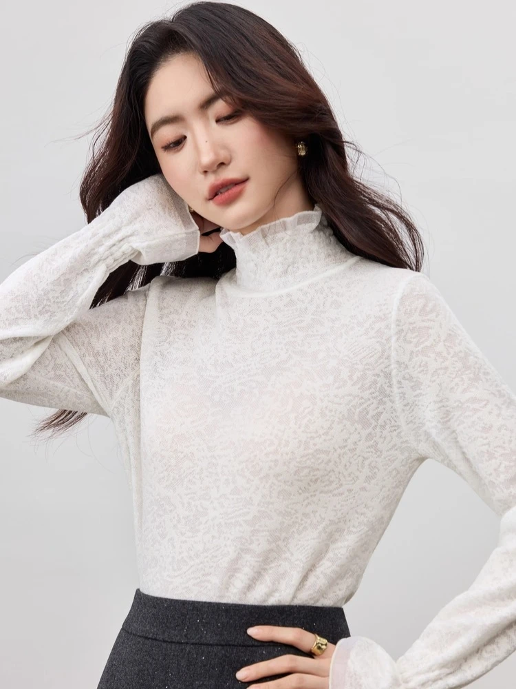 SENTUBILA Dameswolmix Kanten Trui 2025 Herfst Elegante Commuter Coltrui Flare Mouw Zachte Stretch Gebreide Top W53HI3520
