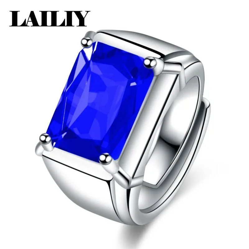 LAILIY925 Sterling Silver Gift Rectangular Simple Emerald Adjustable Ring For Men Women Fashion Jewelry