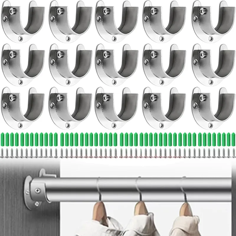 10/2pcs Stainless Steel Closet Rod Brackets Flange Rod Holder Shower Curtain Rod Hook U-Shaped Hanger Bathroom Support Brackets