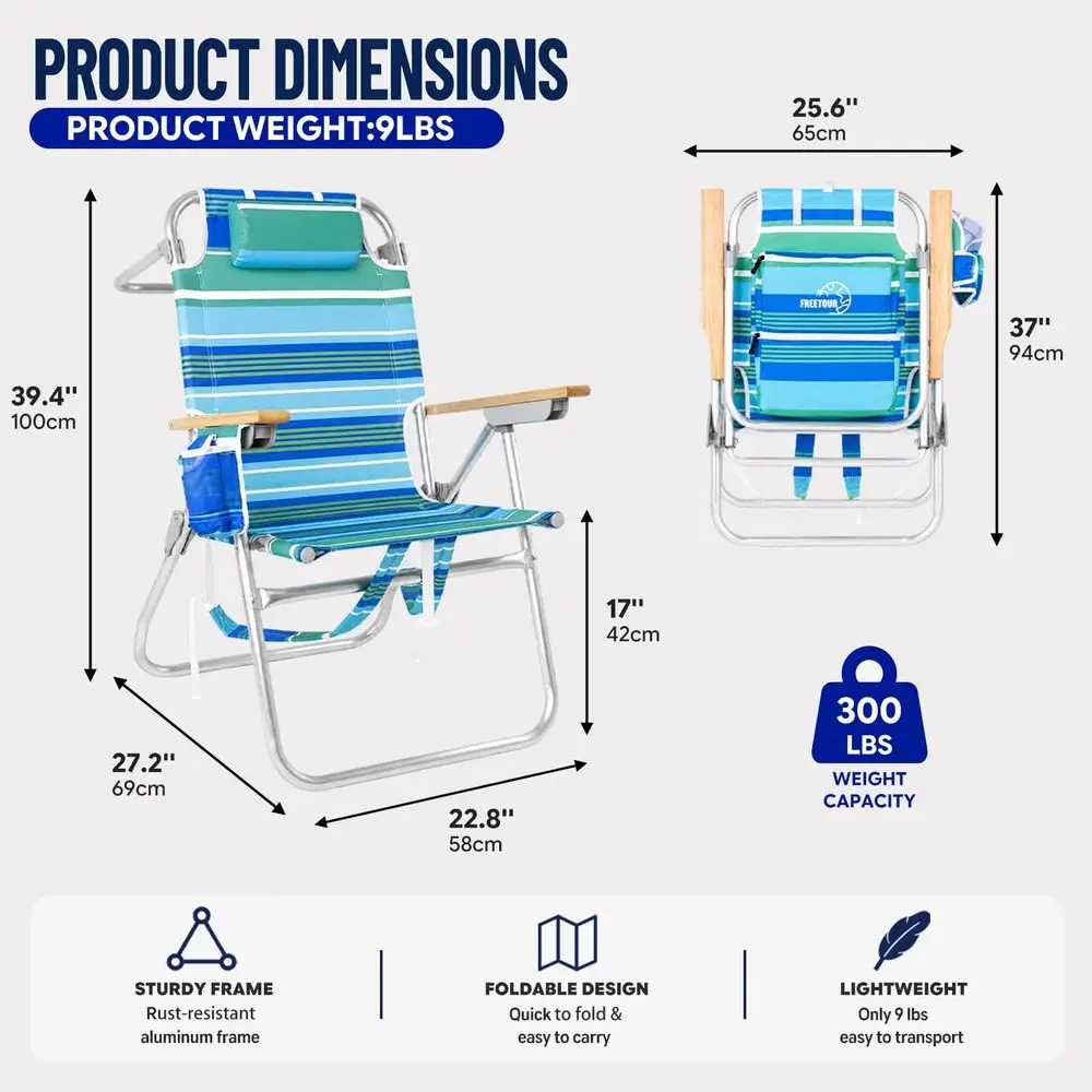 Beach Chair for Adults Capacity 300 LBS high 5 Position with Pouch Straps Folding Lightweight Reclining Aluminum Wide Lay Flat