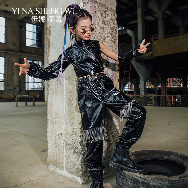 أزياء رقص الجاز للفتيات أزياء الهيب هوب ملابس جلدية سوداء مجموعة ملابس K-pop المرحلة نموذج المرحلة المدرج البدلة