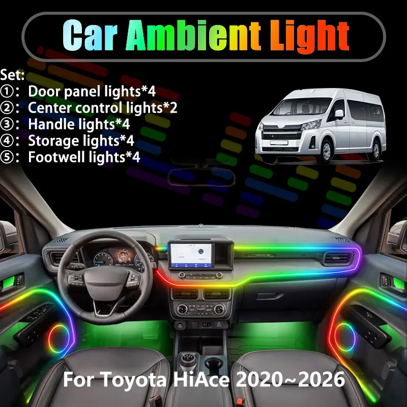

For Toyota HiAce 2020~2026 MK6 H300 2021 2/18 in 1 Car ambient lighting Led trunk interior led lights USB RGB Ensemble Streamer