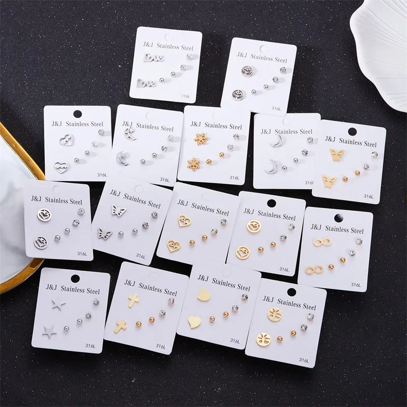 European and American cross-border titanium steel 3-pair heart diamond combination card-mounted earrings set Korean style fas...