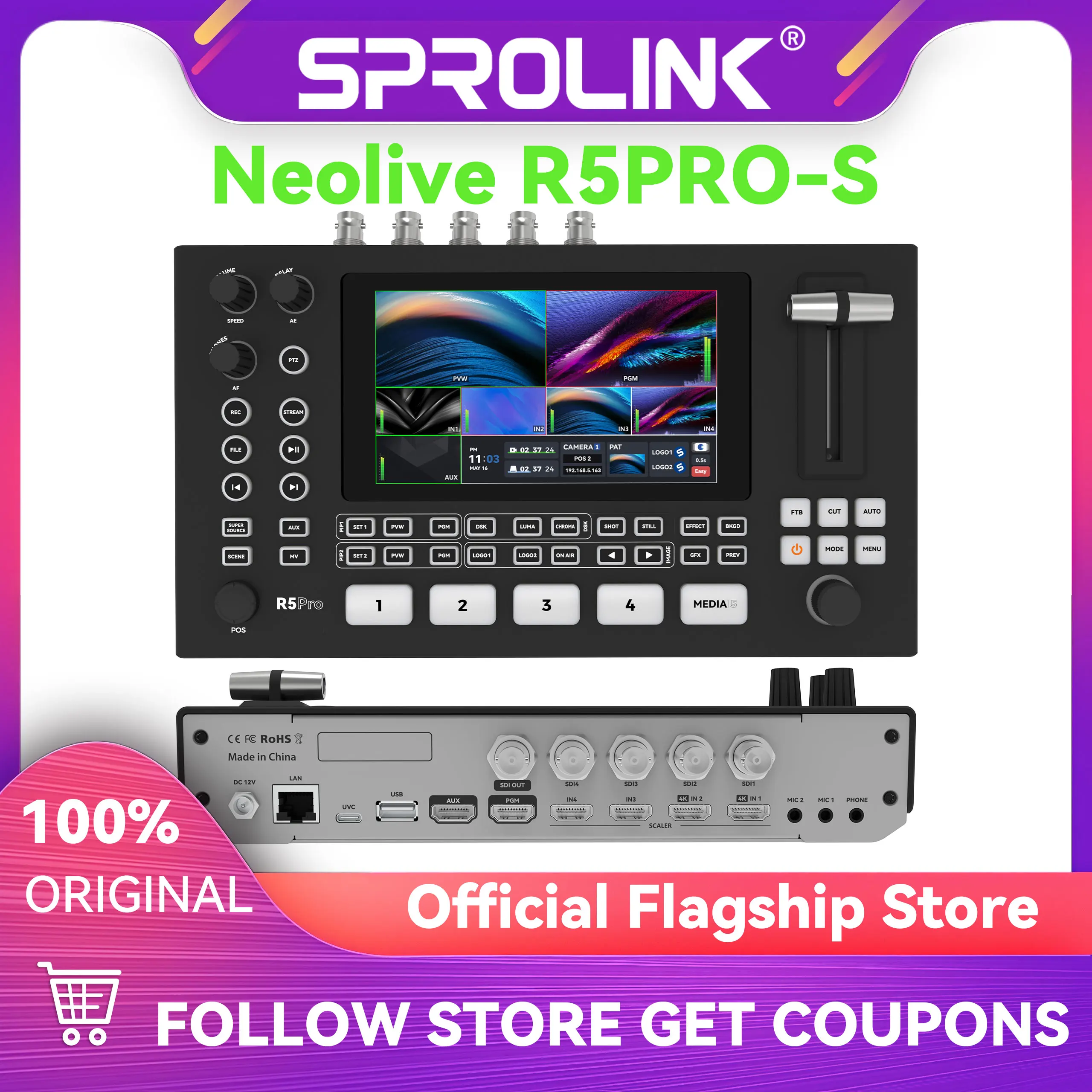 SPROLINK Neolive R5S PRO 4K60FPS Video Switcher Mixer, 4SDI & 4HDMI Input, 5CH Live Streaming Switcher, 5.5'' FHD Screen, 1080P6