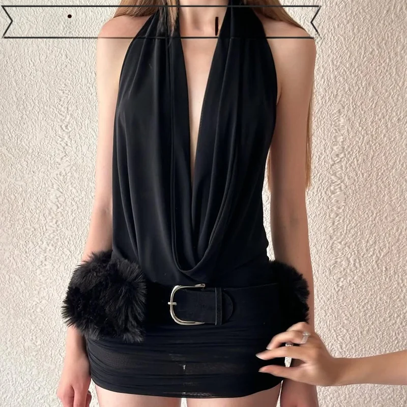 

Sexy Strapl Slim Fit Slit Dr Hollow out Ba Hanging Ne Deep Paage Women's Summer Faion mid Waist Polyester Dr