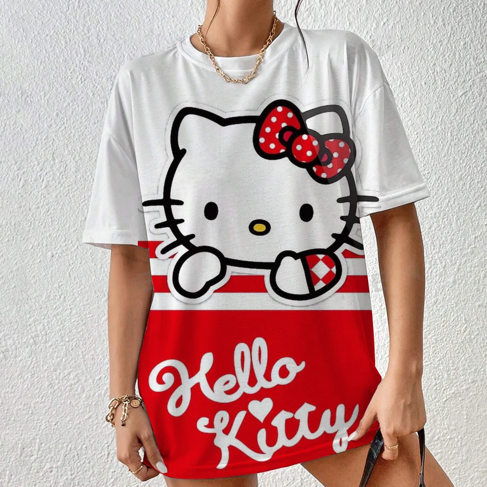 HelloKitty 50 Anniversary Print T Shirt Women Kawaii Sanrioed Harajuku Tops Black Short Sleeve Woman T-shirt Streetwear Clothing