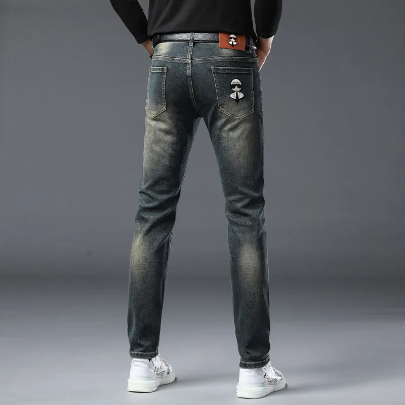 

2024 autumn fashion embroidered light luxury denim pants for men, elastic slim fit small straight tube casual retro color denim