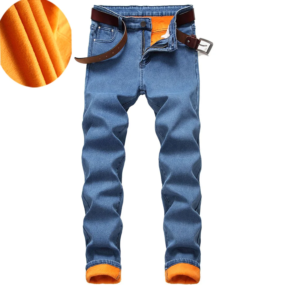 2023 New Winter Fleece Warm Jeans Men Solid Color Stretch Casual Straight Denim Pants Classic Thick Warm Jeans for Men