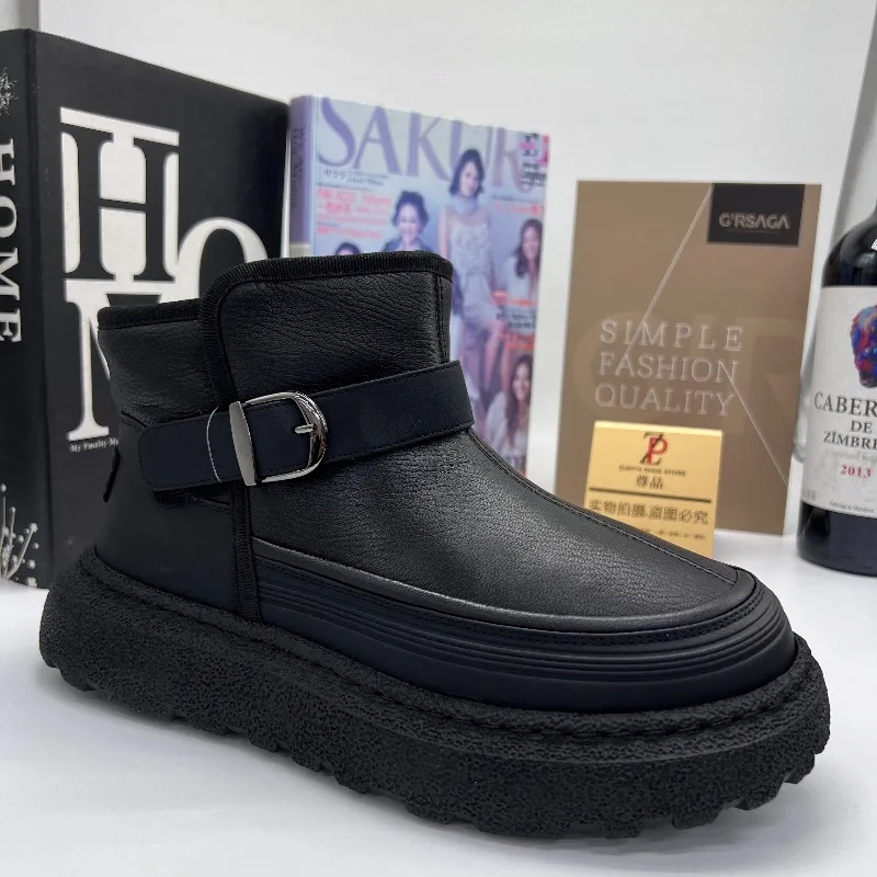 Men Winter Warm Wool Ankle Snow Boots Black Leather Upper Buckle Strap Fleece Lined Non-Slip Thick Sole Outdoor Chelsea Boots