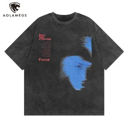 Mens Hip Hop Men's Oversized T-Shirt Face Shadow Letter Graphic T-Shirt Vintage Washed Black Top T-Shirt Harajuku Streetwear