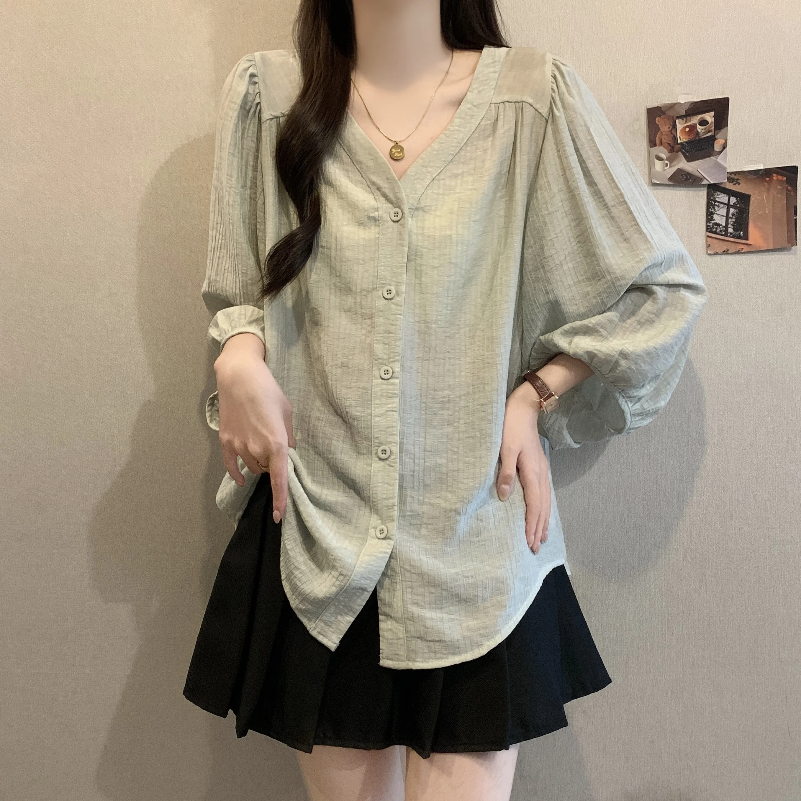 Stylish Long Sleeve Shirt Women's Casual Loose Fit V-Neck Button up Versatile plus Size Conceals Flaws Trendy Top