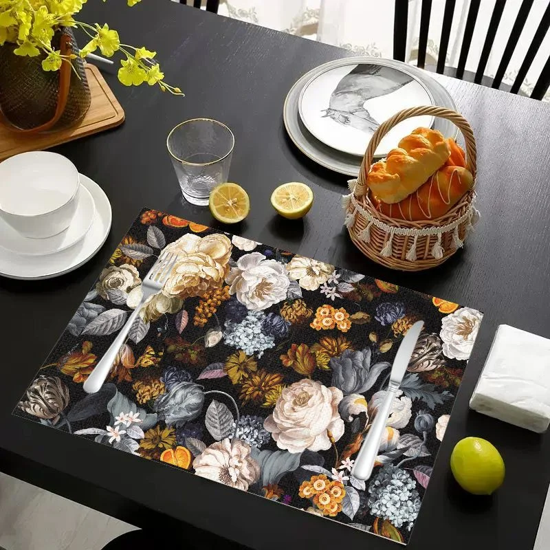 VIKAMA Placemat Black Gold Flowers Print, Waterproof Oil-Proof Heat-Resistant Non-Slip Woven Dining Table Mat