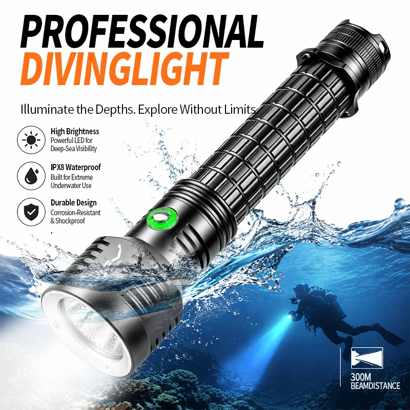 Professional XHP70 LED Diving Flashlight Underwater 30m Scuba Dive Torch 16-33.5CM 18650/26650 Submersible Seafaring Light Gift