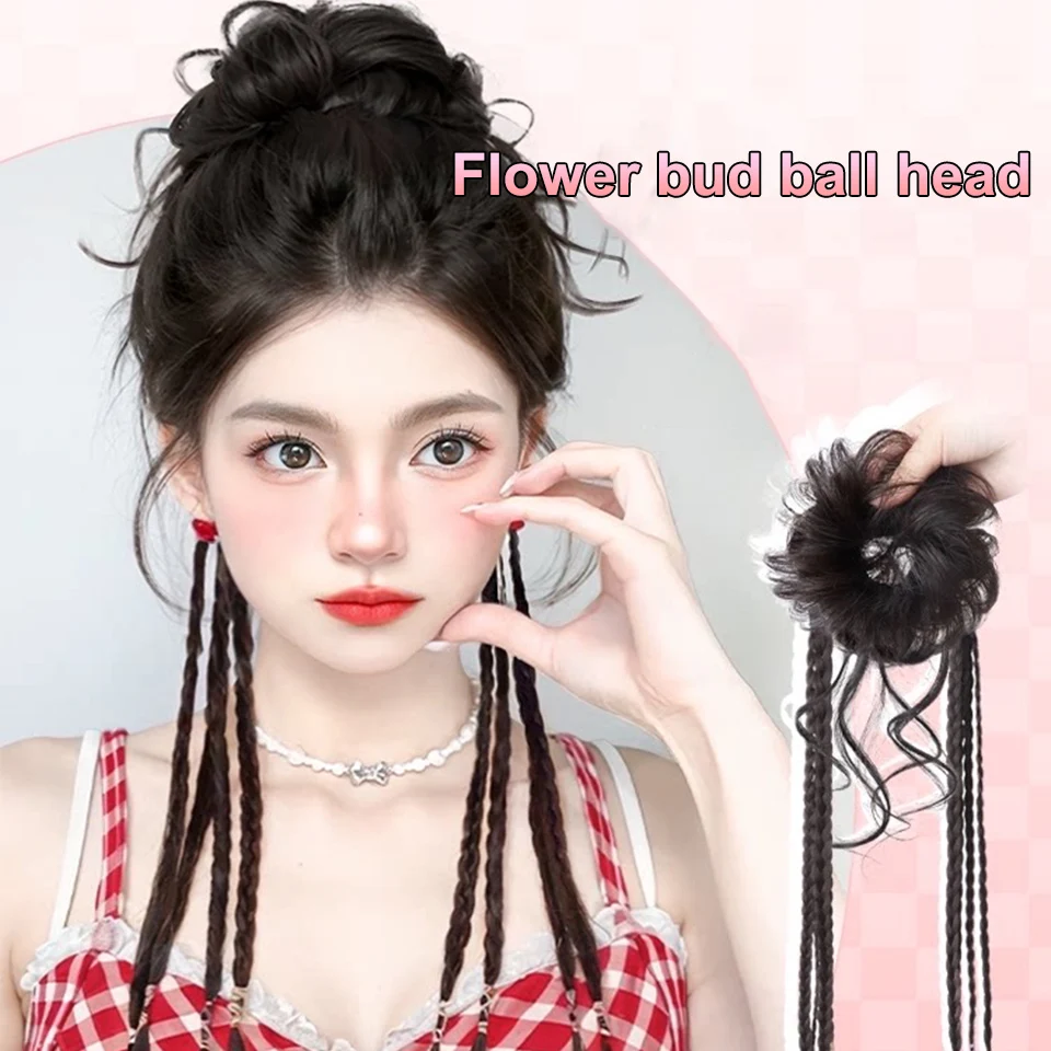 

Synthetic Messy hair Braid With Ribbon Bun To Create New Chinese Style Elastic Hairpiece Style Boxing Twist Braid Ponytail Wig